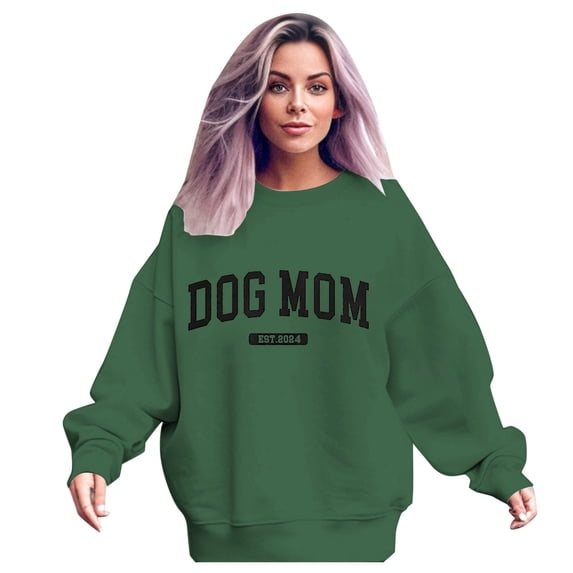 Womens Plus Size Loose Fit Crew Neck Sweatshirts Trendy Long Sleeve Dog Mom Letter Printed No Hood Pullovers Causal Fall Going out Graphic Tshirts Tops Dark Green 0722*sweatshirts XL