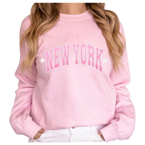 Womens Plus Size Loose Fit No Hood Sweatshirts Trendy Long Sleeve New York Letter Printed Pullovers Causal Fall Crew Neck Graphic Tshirts Tops Pink 0722*sweatshirts S