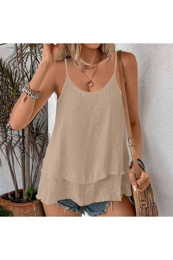 Womens Plus Size Loose Fit Tank Top Double Layer Ruffle Hem 100% Cotton Cami Sleeveless U-Neck Flowy Spaghetti Strap Khaki,Size L