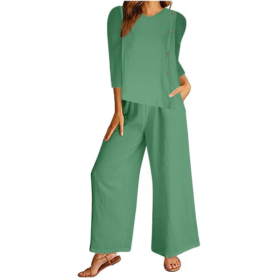 Womens Plus Size Lounge Set Cotton Linen 2 Piece Outfits Long Sleeve Top and Wide Leg Pant Sets