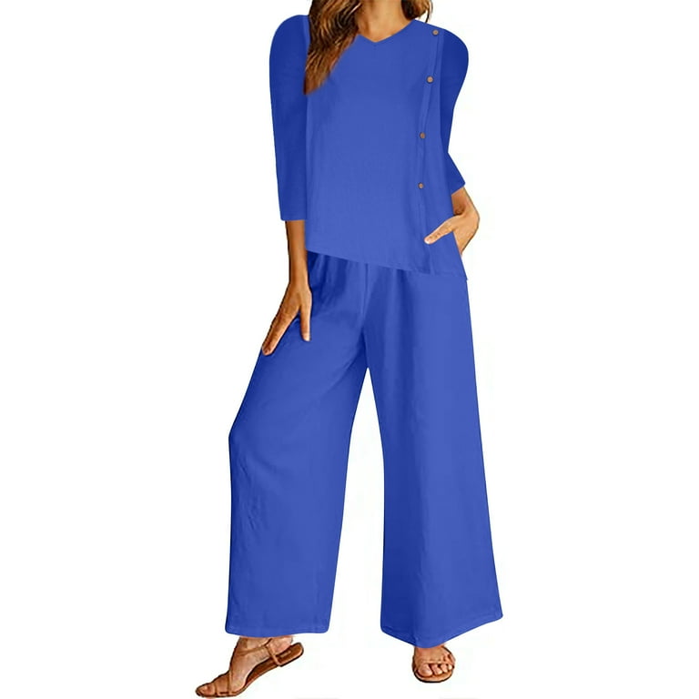 Womens Plus Size Lounge Set Cotton Linen 2 Piece Outfits Long Sleeve Top and Wide Leg Pant Sets Walmart
