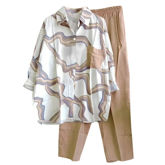 Womens Plus Size Lounge Sets Casual 2 Piece Outfits Long Sleeve Button Down Shirts Wide Leg Pants Matching Set, XXL