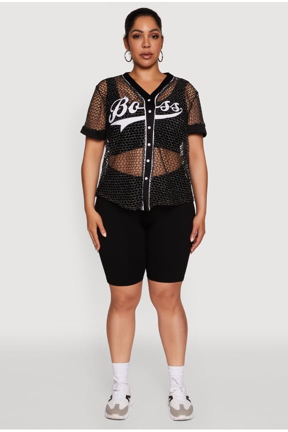 Womens Plus Size Lurex Fishnet Boss Graphic Baseball Tee