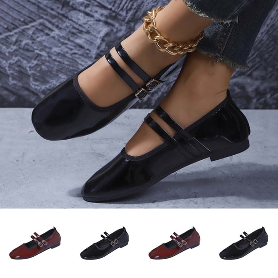 Womens Plus Size Mary Jane Flats British Style Solid Color Square Toe Buckle Strap Slip On Casual Flat Shoes for Daily Walking