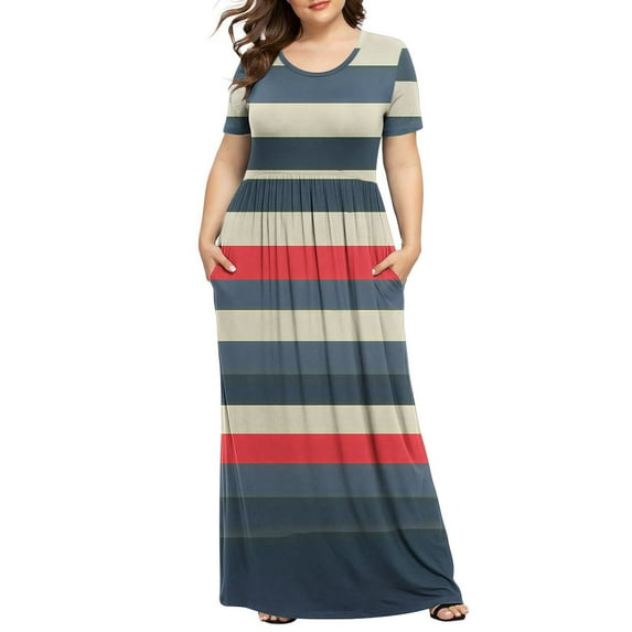 Womens Plus Size Maxi Floral Dress with Pockets Crewneck Short Sleeve T Shirt Dress Pleated Cotton Summer Dress (2XL, Multicolor)