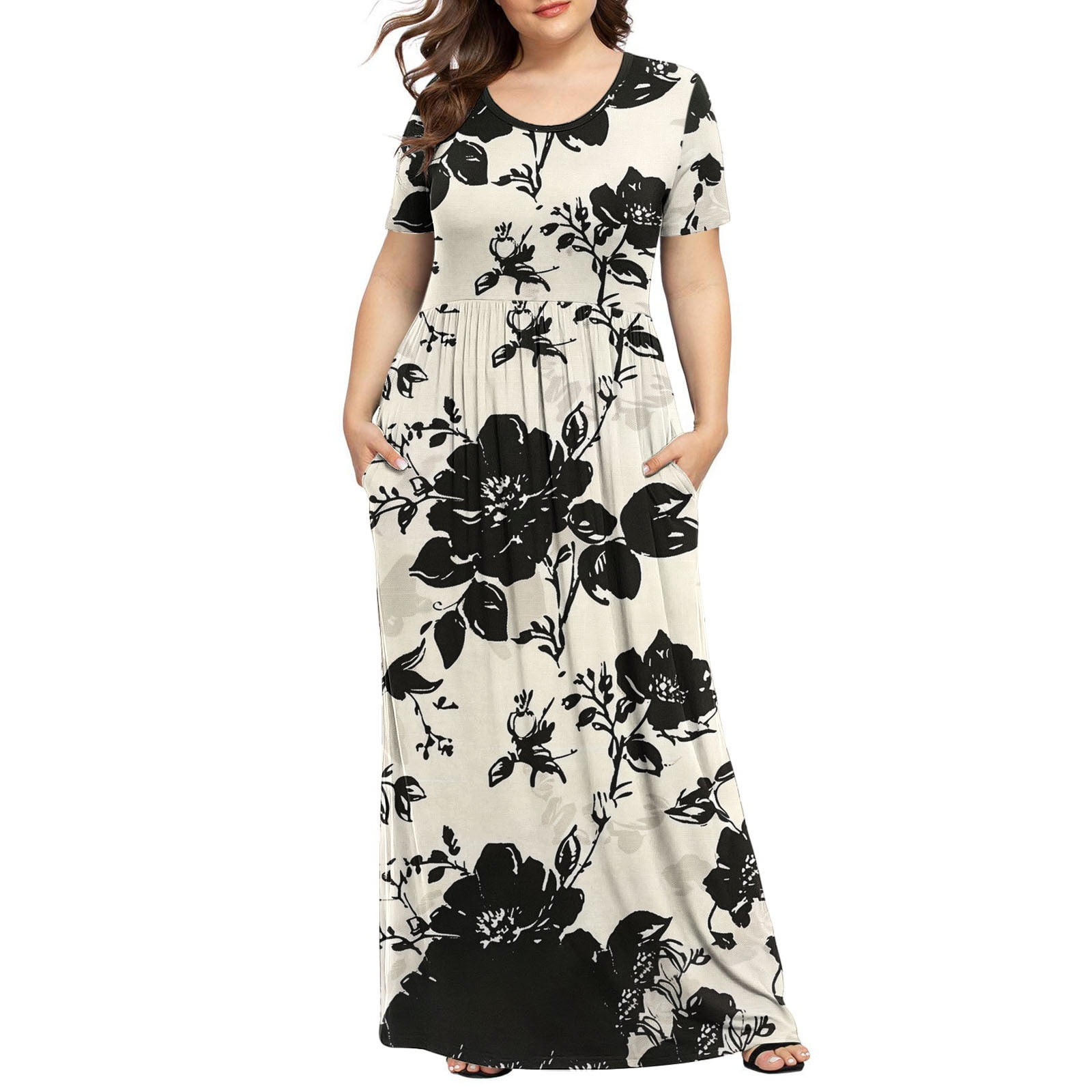 Womens Plus Size Maxi Floral Dress with Pockets Crewneck Short Sleeve T  Shirt Dress Pleated Cotton Summer Dress (5XL, Multicolor 01) - Walmart.com