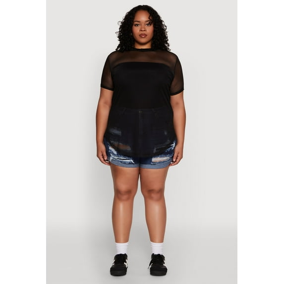 Womens Plus Size Mesh Crew Neck Tunic Top