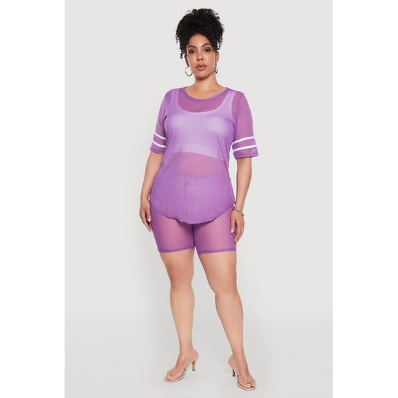 Womens Plus Size Mesh High Waisted Bike Shorts with Varsity Stripe Details