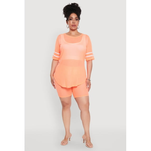 Womens Plus Size Mesh High Waisted Bike Shorts with Varsity Stripe Details