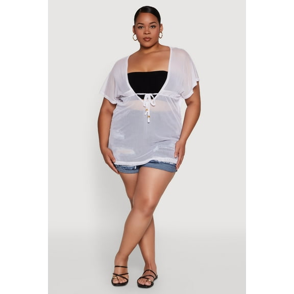 Womens Plus Size Mesh Tie Front Cover Up