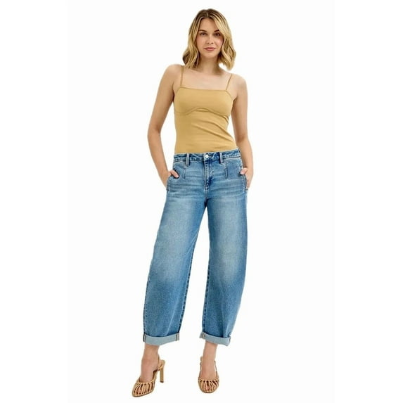 Womens Plus Size Mid Rise Barrel Jeans Rolled Cuff Relaxed Fit Washed Denim With Pockets For Everyday Comfort Wear
