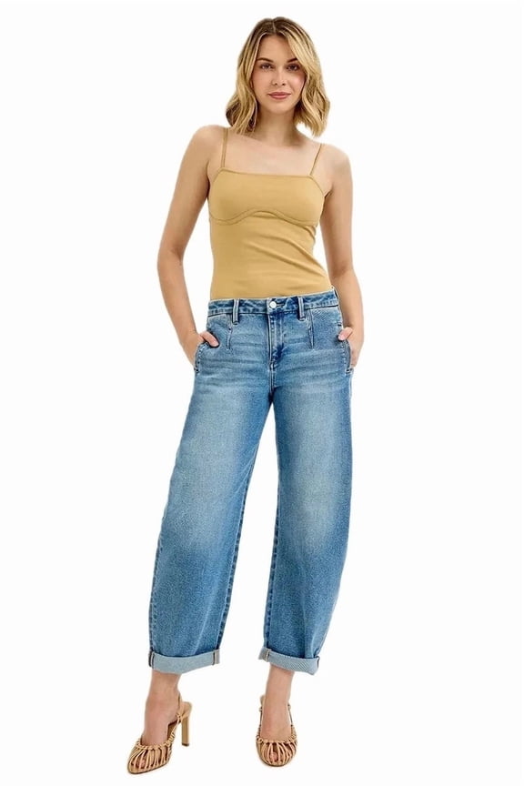 Womens Plus Size Mid Rise Barrel Jeans Rolled Cuff Relaxed Fit Washed Denim With Pockets For Everyday Comfort Wear
