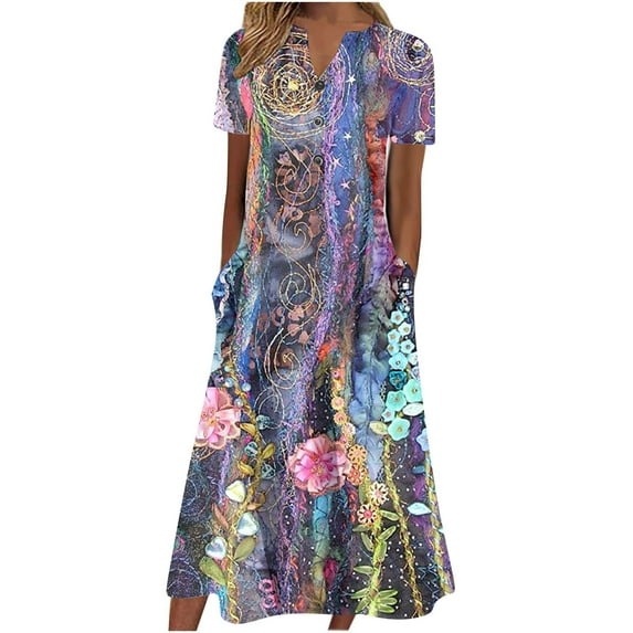 Womens Plus Size Midi Dress Casual Print Short Crewneck Dress Spring Dress 2024 Flowy Beach Long Dress