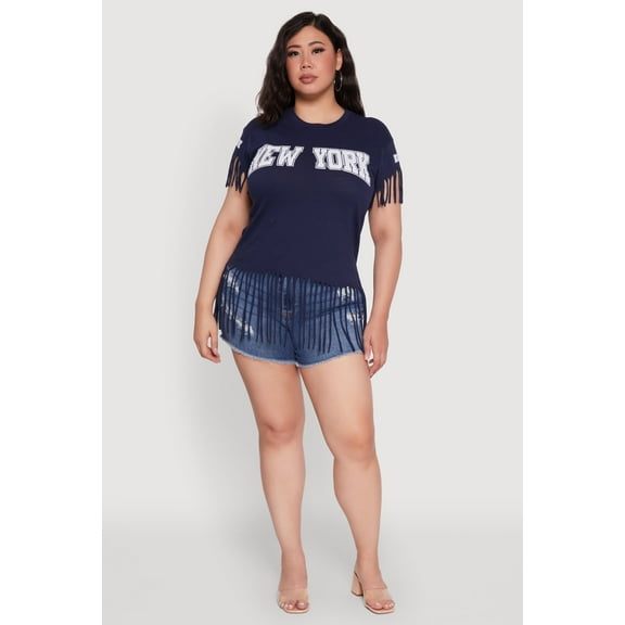 Womens Plus Size New York Graphic Fringe Hem Tee