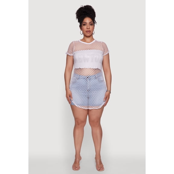 Womens Plus Size New York Rhinestones Fishnet Tunic Top