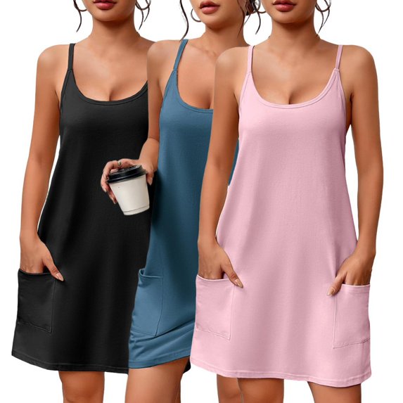 Womens Plus Size Nightgown Sleeveless Sleepwears Adjustable Strap Lounge Dress with Pockets, Light pink XL