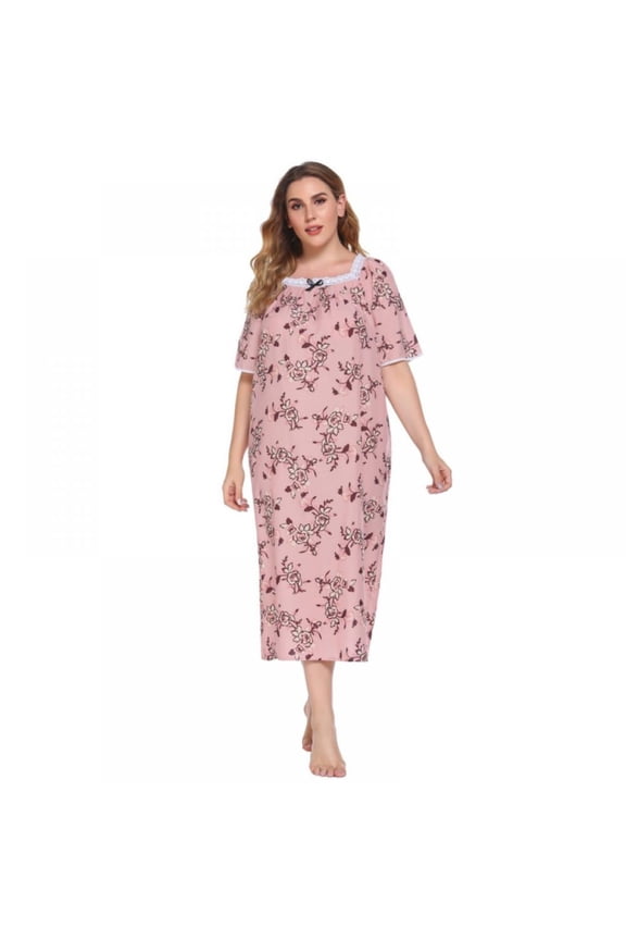 Womens Plus Size Nightgowns House Dress Short Sleeve Square Neck Nightdress Oversized Loose Lounge Dresses Floral Print Long Nightshirt, XL-4XL