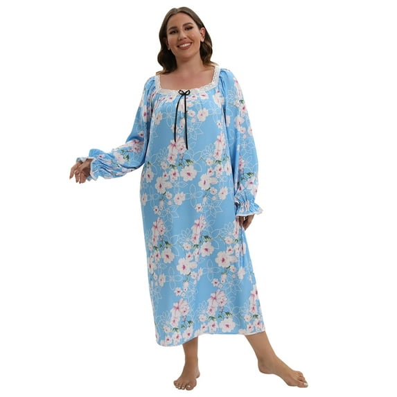 Womens Plus Size Nightgowns Long Sleeve Pajamas Sleepdress, Floral Casual Nightshirt Lace Collar Loungewear Vintage Sleepwear, Comfy Pj Sleepshirt Nightdress for Women,XL-4XL