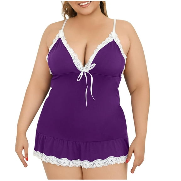 Womens Plus Size Nightgowns Mini Sleepwear Chemise Slip Dress Lace V-Neck Nighty Solid Color Short Nightshirt Ladies Silk Pajamas Skirt Purple XL