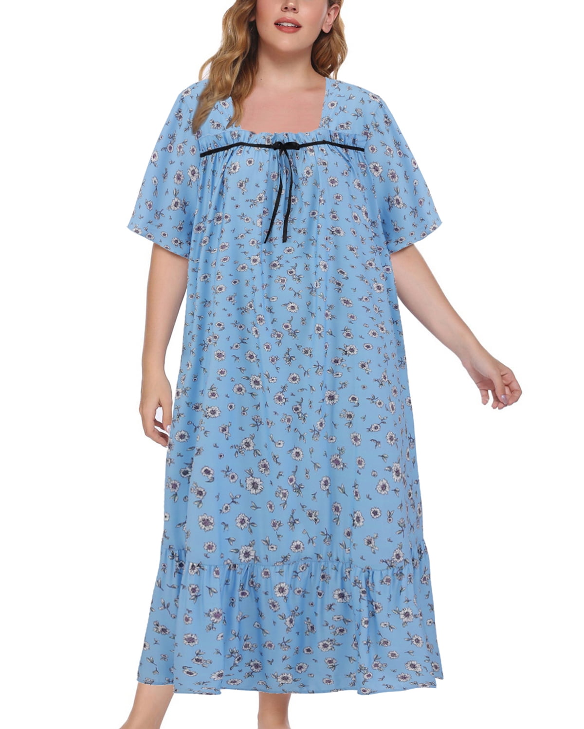 Womens Plus Size Nightgowns Sleepwear Floral Square Neck Loungewear