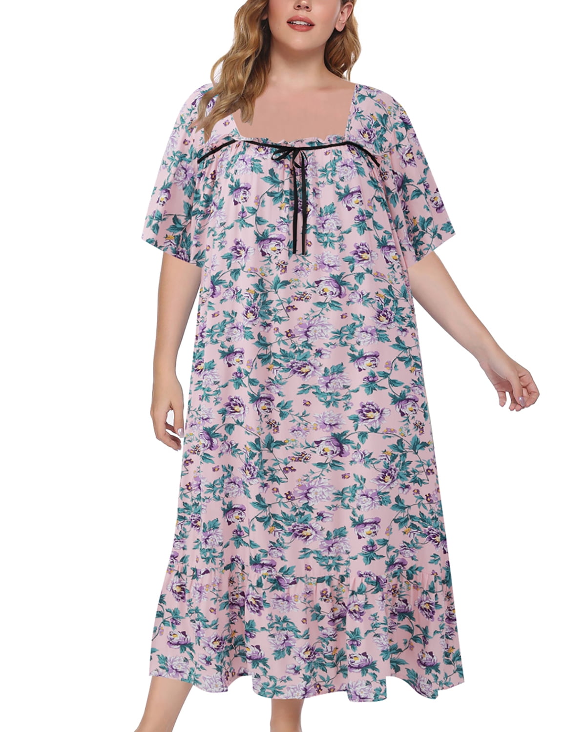 Womens Plus Size Nightgowns Sleepwear Floral Square Neck Loungewear