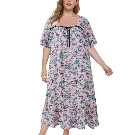Womens Plus Size Nightgowns Sleepwear Floral Square Neck Loungewear,Victorian Short Sleeve Pajama Maxi Dress Casual Nightdress,XL-5XL