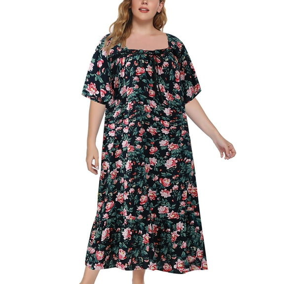 Womens Plus Size Nightgowns Sleepwear Floral Square Neck Loungewear,Victorian Short Sleeve Pajama Maxi Dress Casual Nightdress,XL-5XL