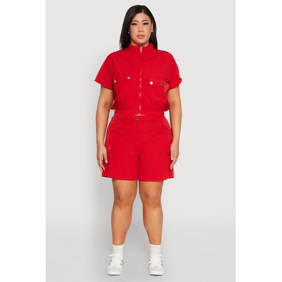 Womens Plus Size Nylon High Waist Cargo Shorts