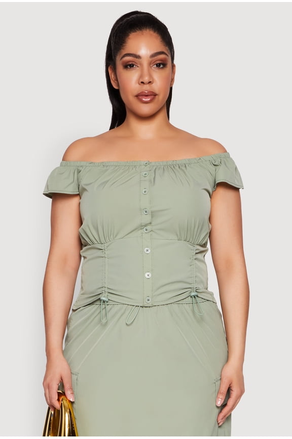 Womens Plus Size Nylon Toggle Drawstring Off the Shoulder Top