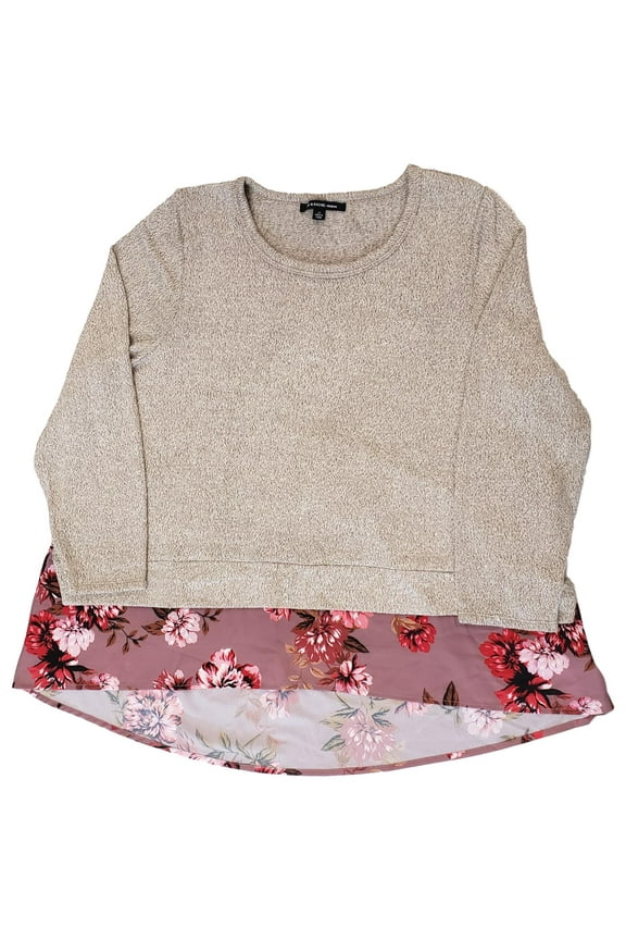 Womens Plus Size Oatmeal Floral Layered Look Long Sleeve Sweater Top Blouse 2X
