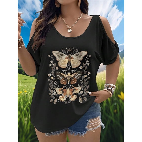 Womens Plus-Size Off-Shoulder Moth Print T-Shirt - Black, 1 Pack