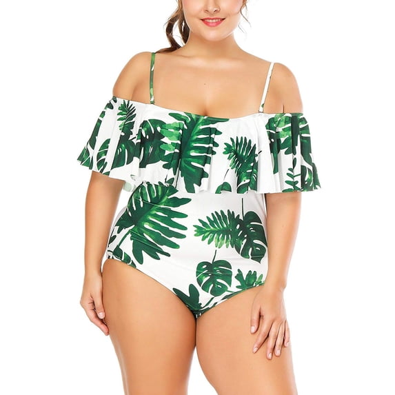 Womens Plus Size One Piece Swimsuit Leaf Print Ruffle Off Shoulder Swimwear