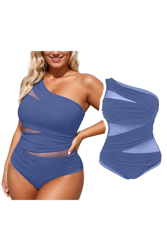 Womens Plus Size One Piece Swimsuit Tummy Control Bathing Suits Mesh Design One Shoulder Swimwear Full Coverage