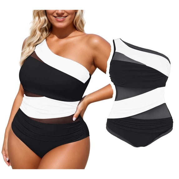 Womens Plus Size One Piece Swimsuit Tummy Control Bathing Suits Mesh Design One Shoulder Swimwear Full Coverage