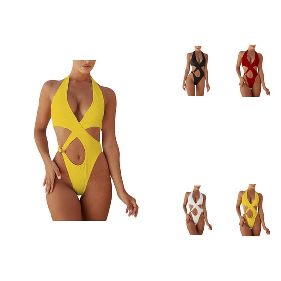Womens Plus Size One-Piece Swimsuit with Tummy Control, Front Cross High Waisted Hollow Bathing Suit