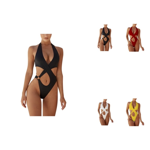 Womens Plus Size One-Piece Swimsuit with Tummy Control, Front Cross High Waisted Hollow Bathing Suit