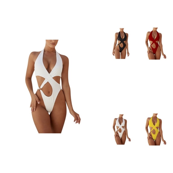 Womens Plus Size One-Piece Swimsuit with Tummy Control, Front Cross High Waisted Hollow Bathing Suit