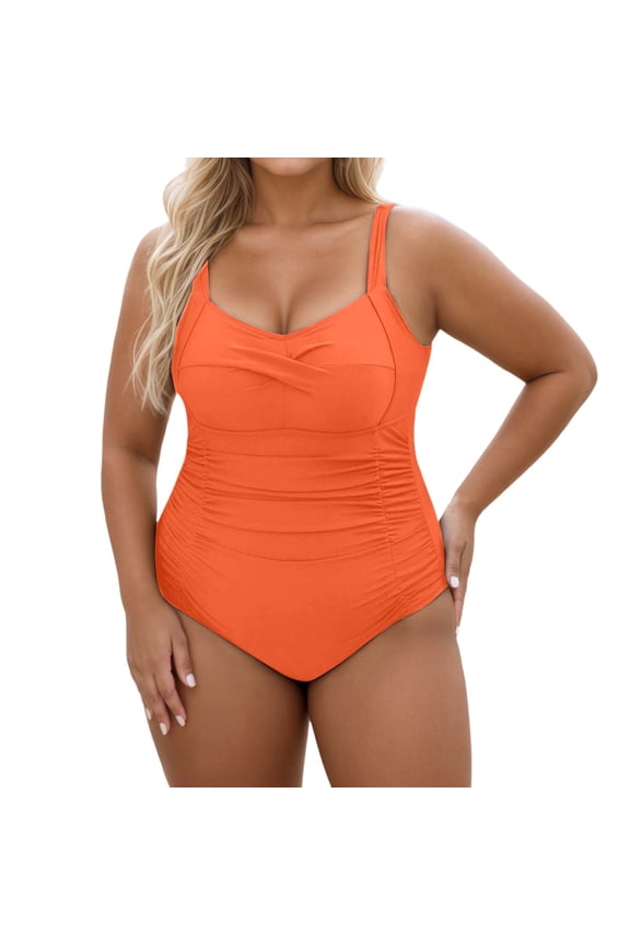 Womens Plus Size One Piece Swimsuits Women's Plus Size Monokini Push Up Bathing Suit Deep U Neck Summer Beach Vacation Orange XXL