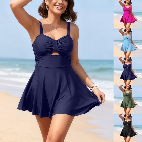 Womens Plus Size One-piece Swimsuits Solid Color Sports Drying Plus Size Skirt Bikini Swimsuit Dark Blue XXXL