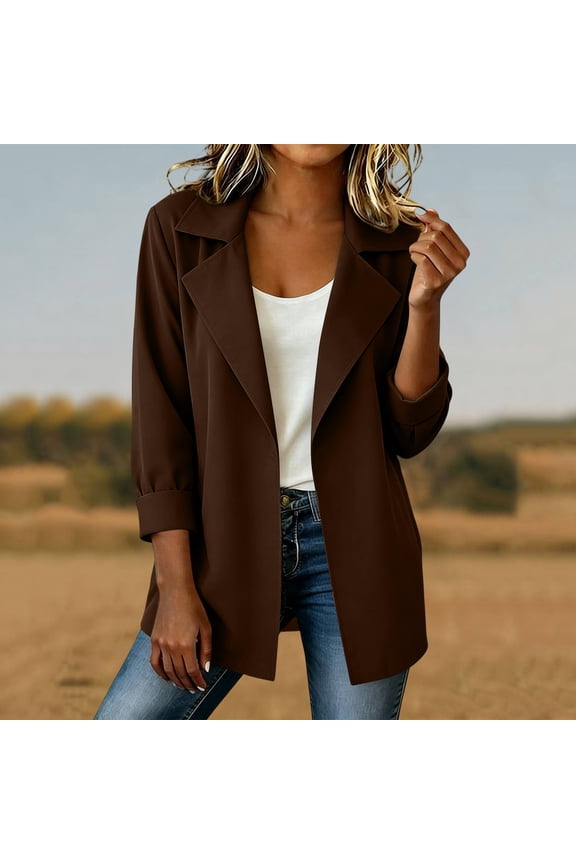 Womens Plus Size Open Front Blazer Work Jacket Casual Lightweight Suit Jacket Brown,Size 2XL
