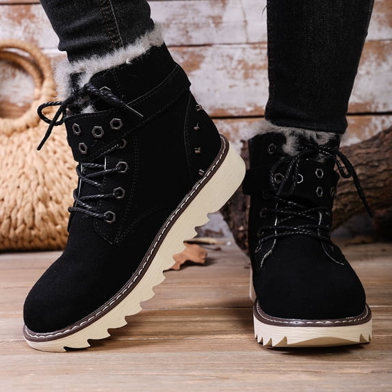 Womens Plus Size Outdoor Snow Boots Versatile Stylish Lightweight Chunky Sole Fleece Lined Lace Up Fall Winter Comfort Warm Cotton Boots For Wide Feet Snow Boots For Women