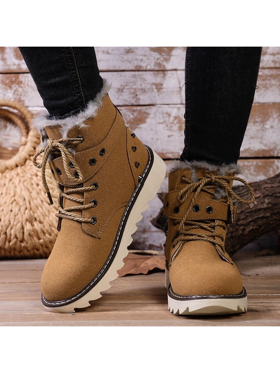 Womens Plus Size Outdoor Snow Boots Versatile Stylish Lightweight Chunky Sole Fleece Lined Lace Up Fall Winter Comfort Warm Cotton Boots For Wide Feet Snow Boots For Women