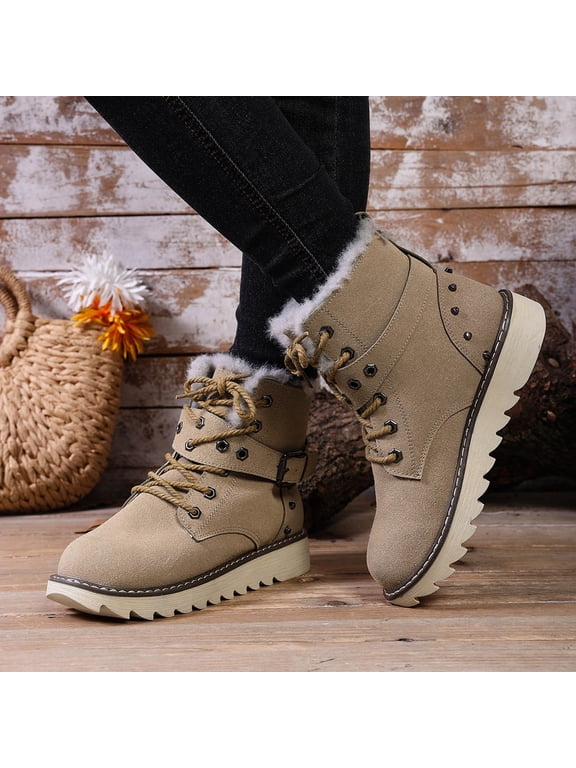 Womens Plus Size Outdoor Snow Boots Versatile Stylish Lightweight Chunky Sole Fleece Lined Lace Up Fall Winter Comfort Warm Cotton Boots For Wide Feet Snow Boots For Women