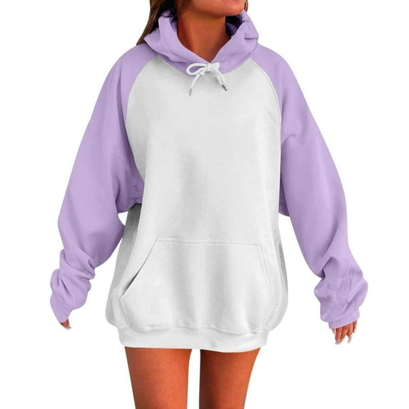 Womens Plus Size Oversized Hoodies, Raglan Long Sleeve Pullover for Women Fall Fashion Color Patchwork Drawstring Hooded Sweatshirts with Pockets