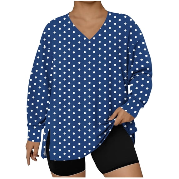 Womens Plus Size Oversized T-Shirts, V Neck T Shirts for Women Fall Fashion Polka Dots Printed Side Slit Long Sleeve Tunic Tops