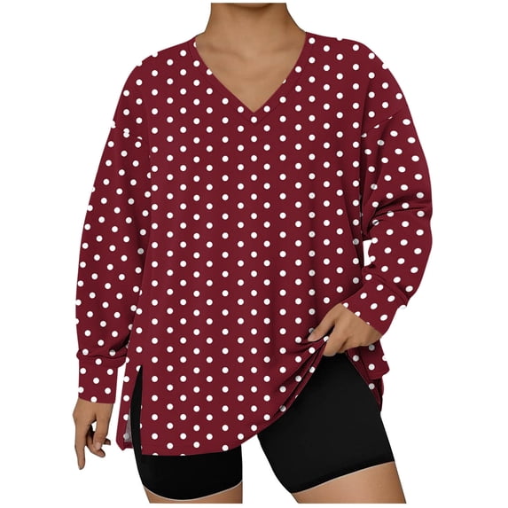 Womens Plus Size Oversized T-Shirts, V Neck T Shirts for Women Fall Fashion Polka Dots Printed Side Slit Long Sleeve Tunic Tops