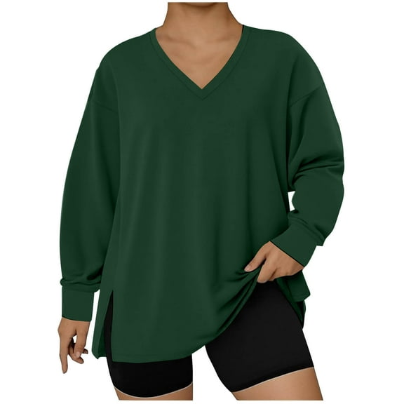Womens Plus Size Oversized Tops Split Loose Long Sleeve Sweatshirts Casual V Neck Soft Pullover Tees, Green L