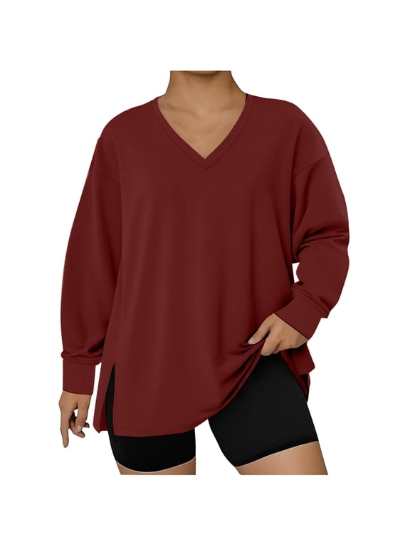 Womens Plus Size Oversized Tops Split Loose Long Sleeve Sweatshirts Casual V Neck Soft Pullover Tees, Wine L