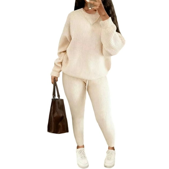 Womens Plus Size Pajama Set 2 Piece Long Sleeve Ribbed Lounge Sleepwear Knitted Set Color XXXL