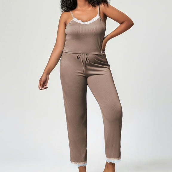 Womens Plus Size Pajama Sets,2 Piece Ribbed Knit Oversized Sleepwear,Lace Trim Loose Fit Chemise Nightshirts and Sleep Pants